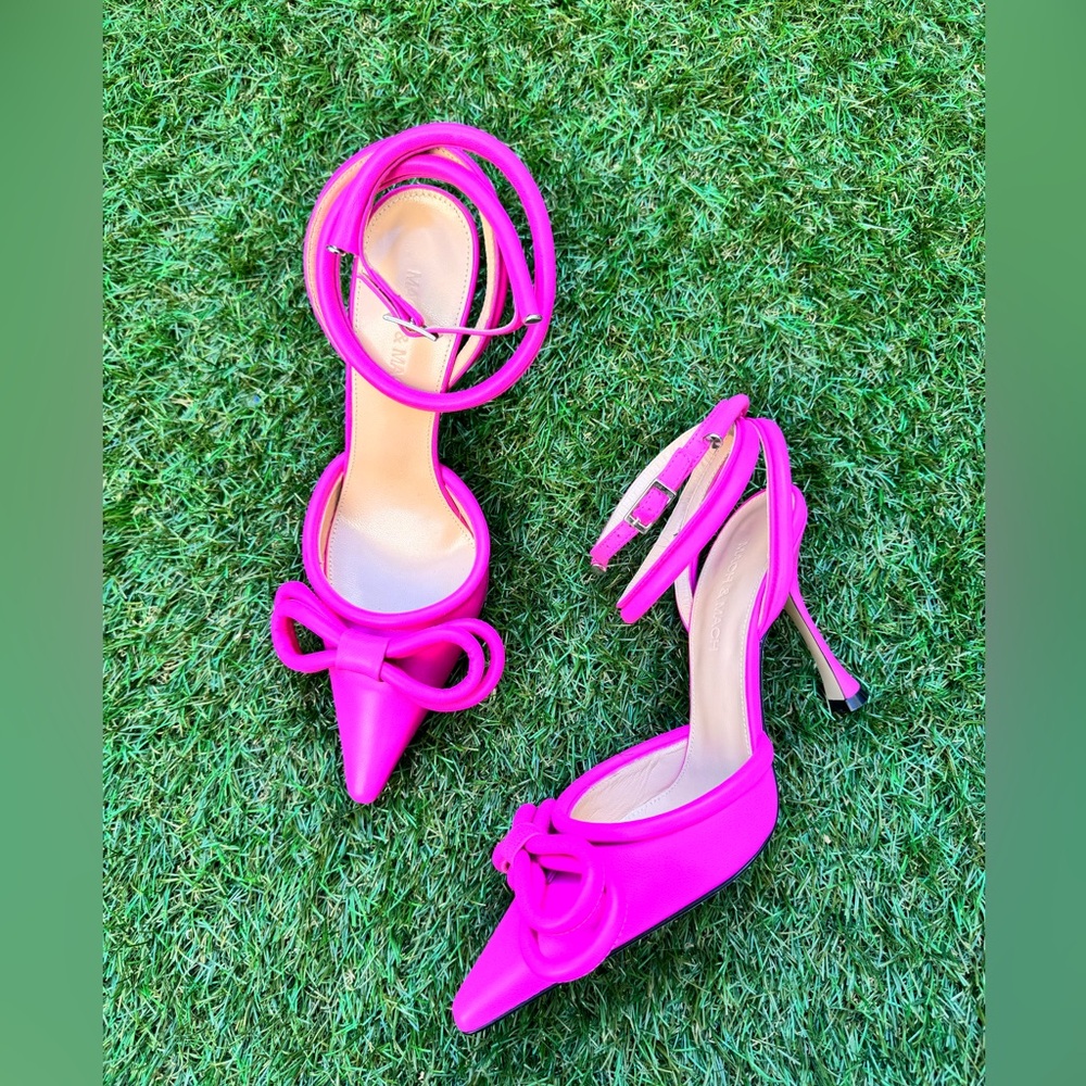 Mach & Mach Double Bow Hot Pink Fuchsia Leather Pointed Toe Heels Shoes 36.5